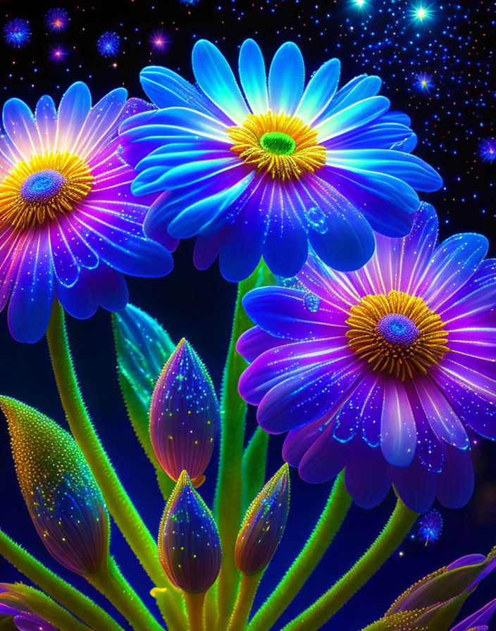 Vibrant blue and purple neon flowers on starry night background with dewdrops