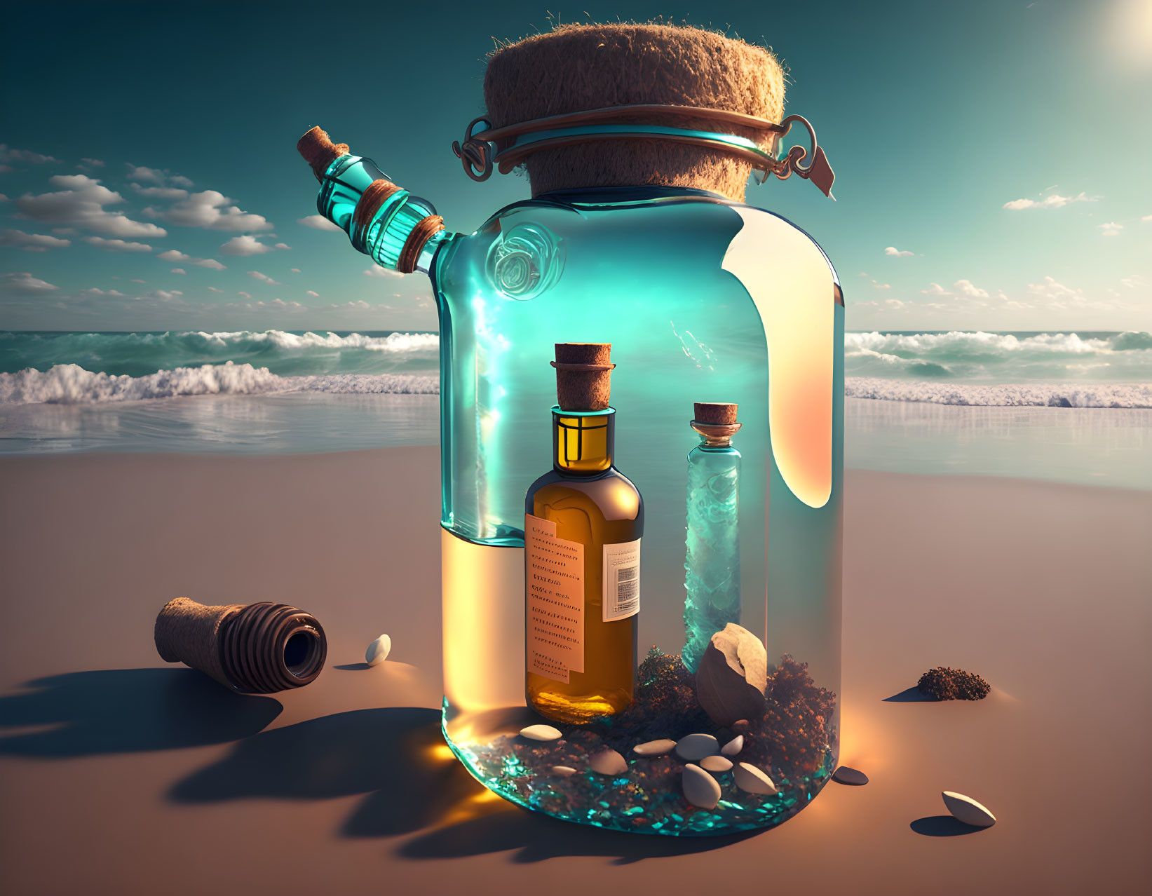 Glass Jar on Sandy Beach with Small Bottle, Pebbles, and Shells