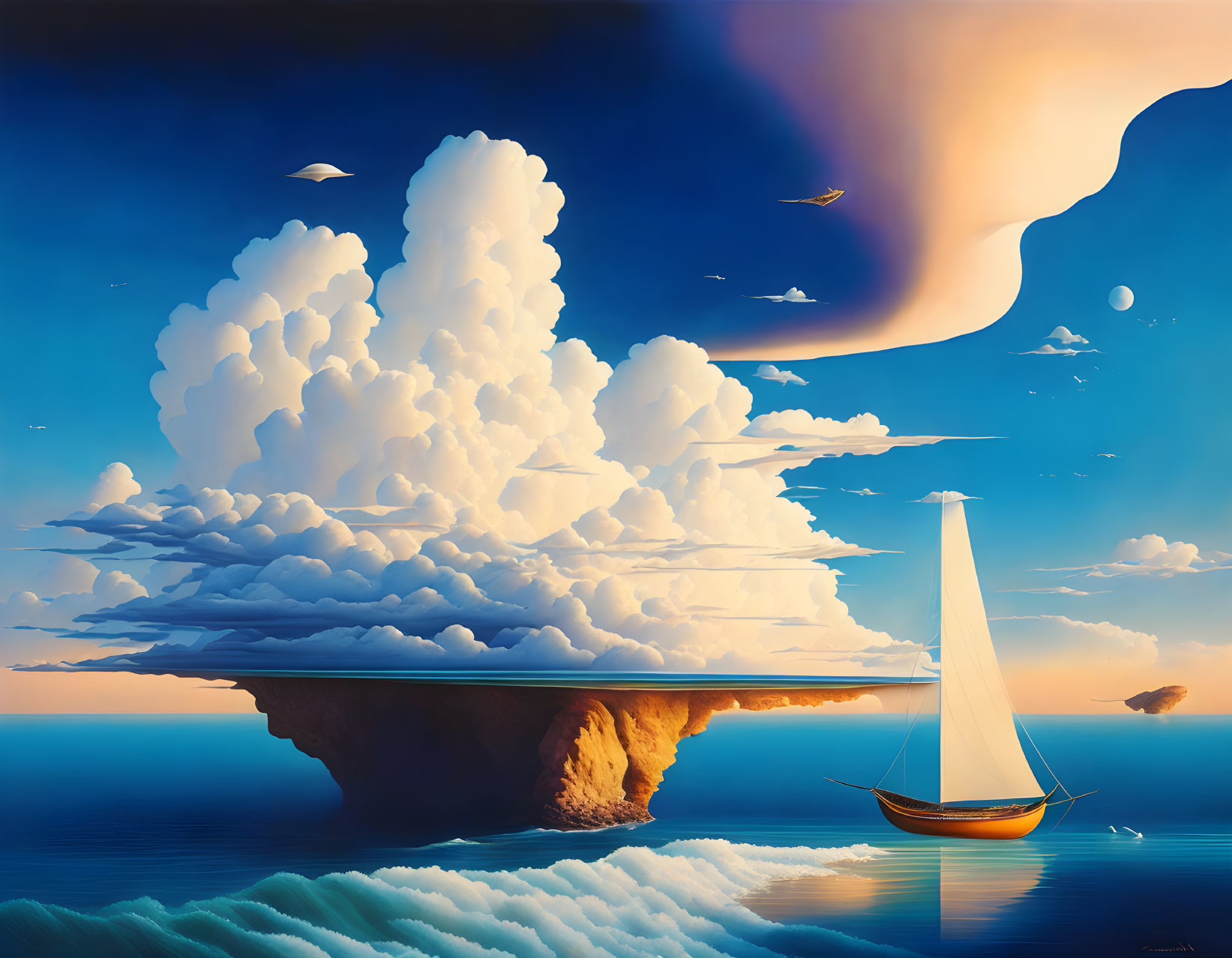 Floating Island with Sailboat, Birds, and Moon in Surreal Landscape