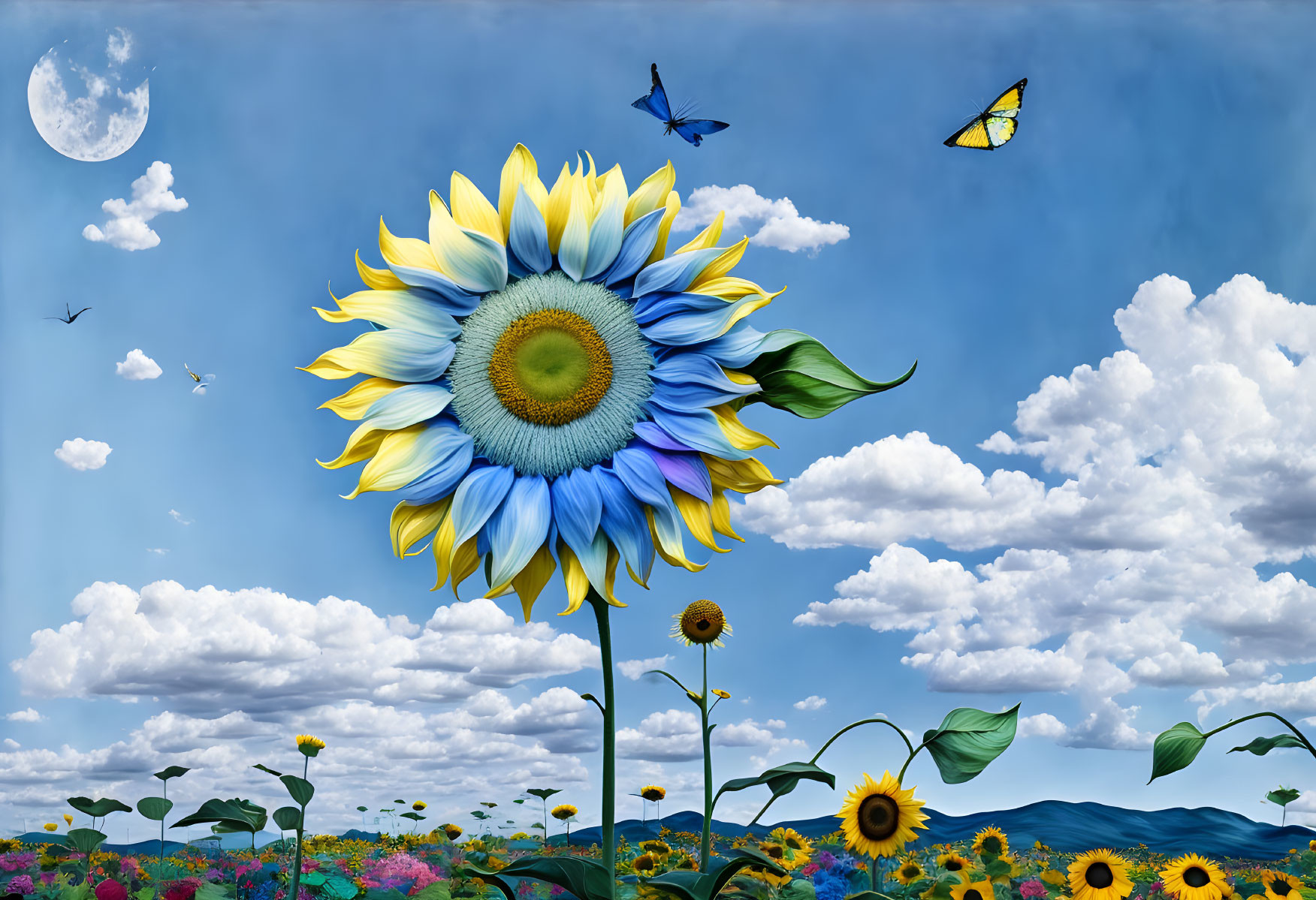 Colorful digital artwork: Giant sunflower, blue sky, birds, butterflies, moon