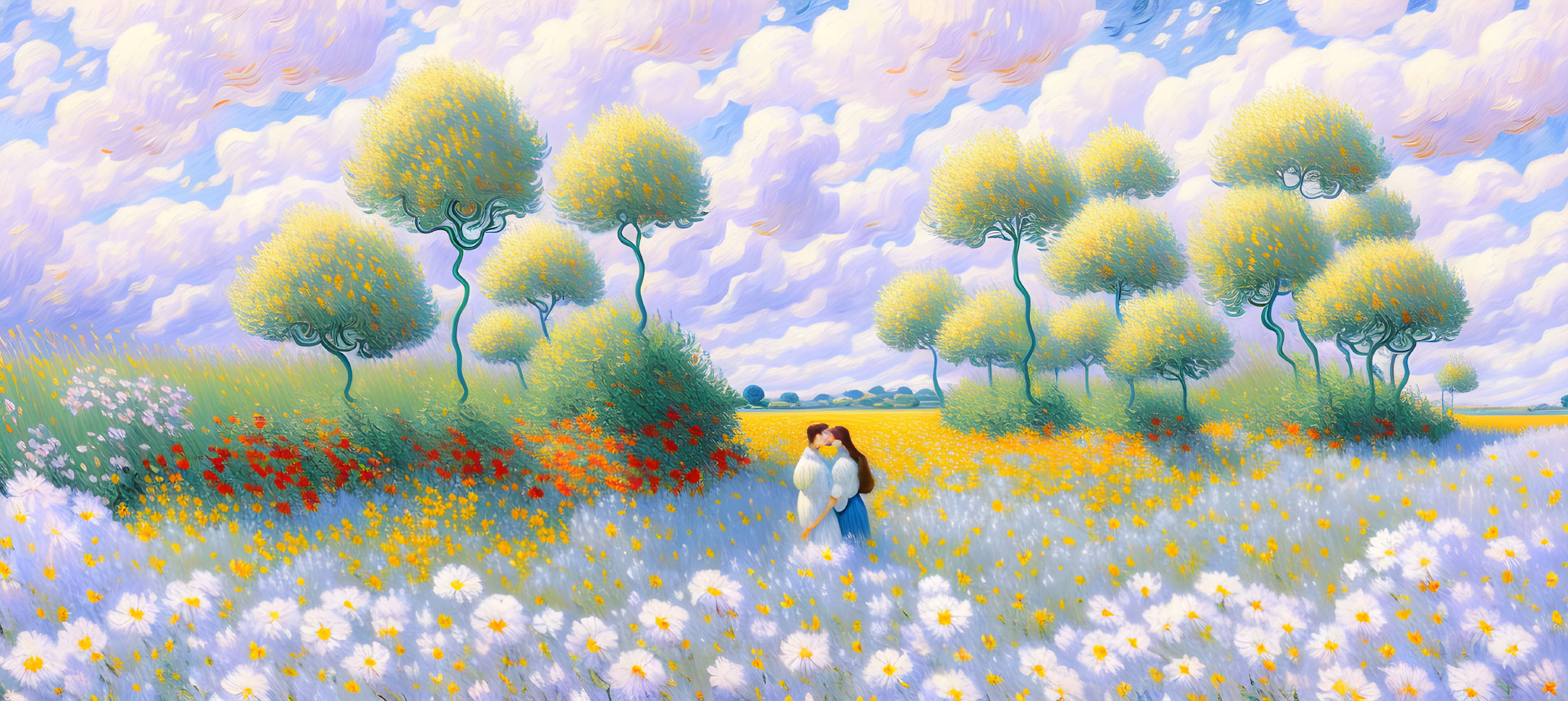 Colorful impressionistic landscape with couple in flower-filled meadow