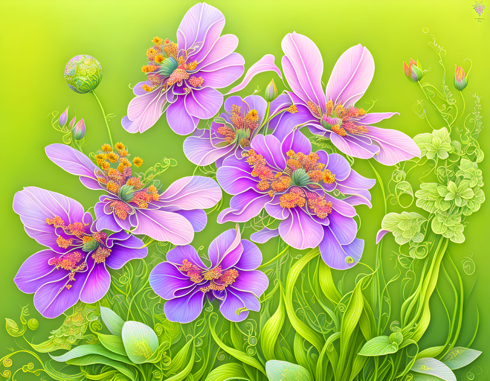 Detailed digital artwork: Purple flowers on green background