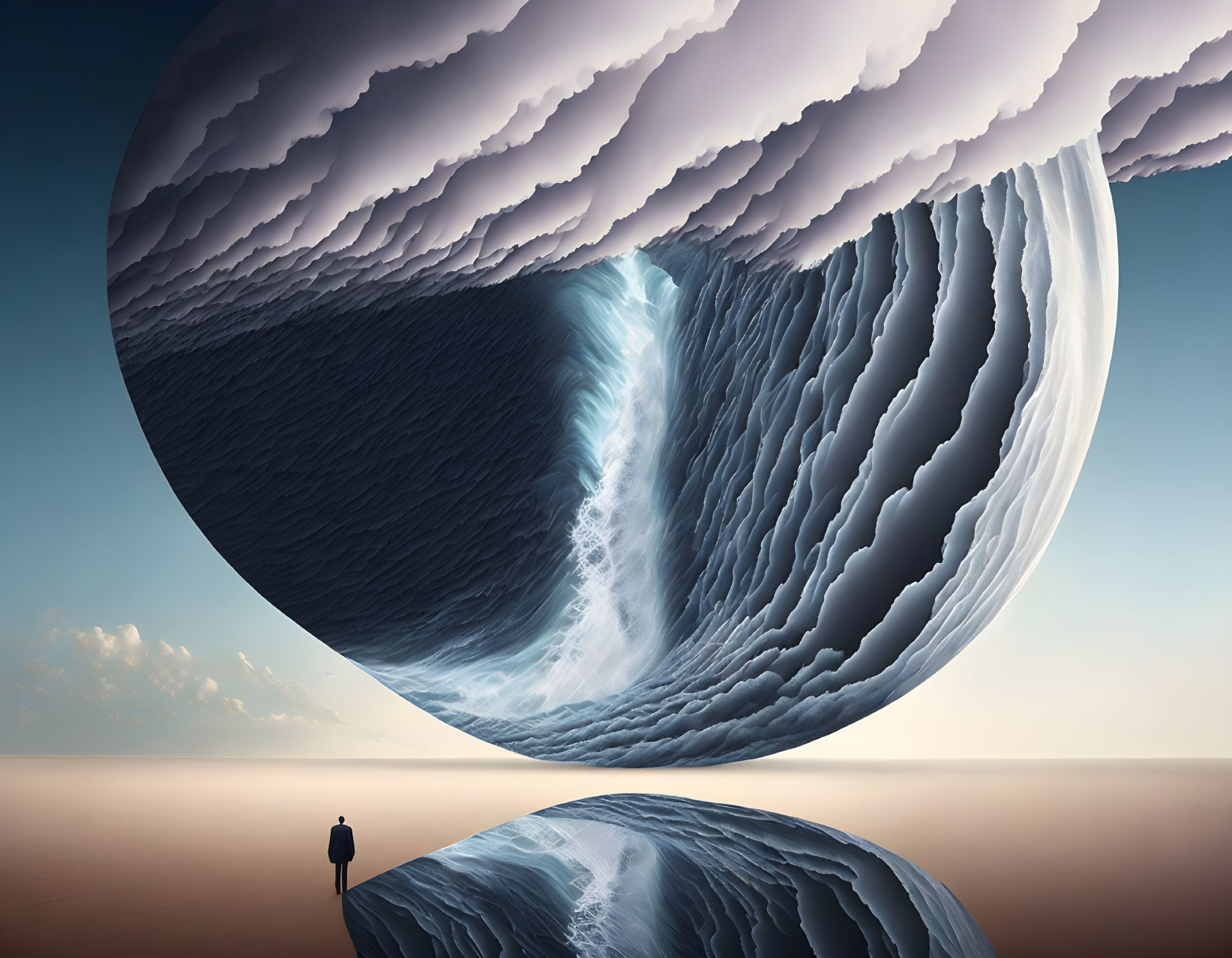 Surreal artwork: Person views massive wave creating circular portal in sky