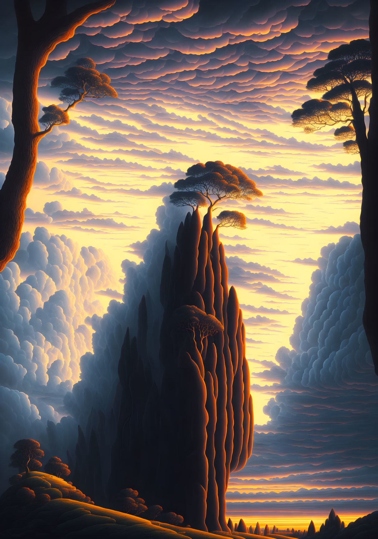 Surreal landscape with towering rock formations and trees under a soft sunset glow