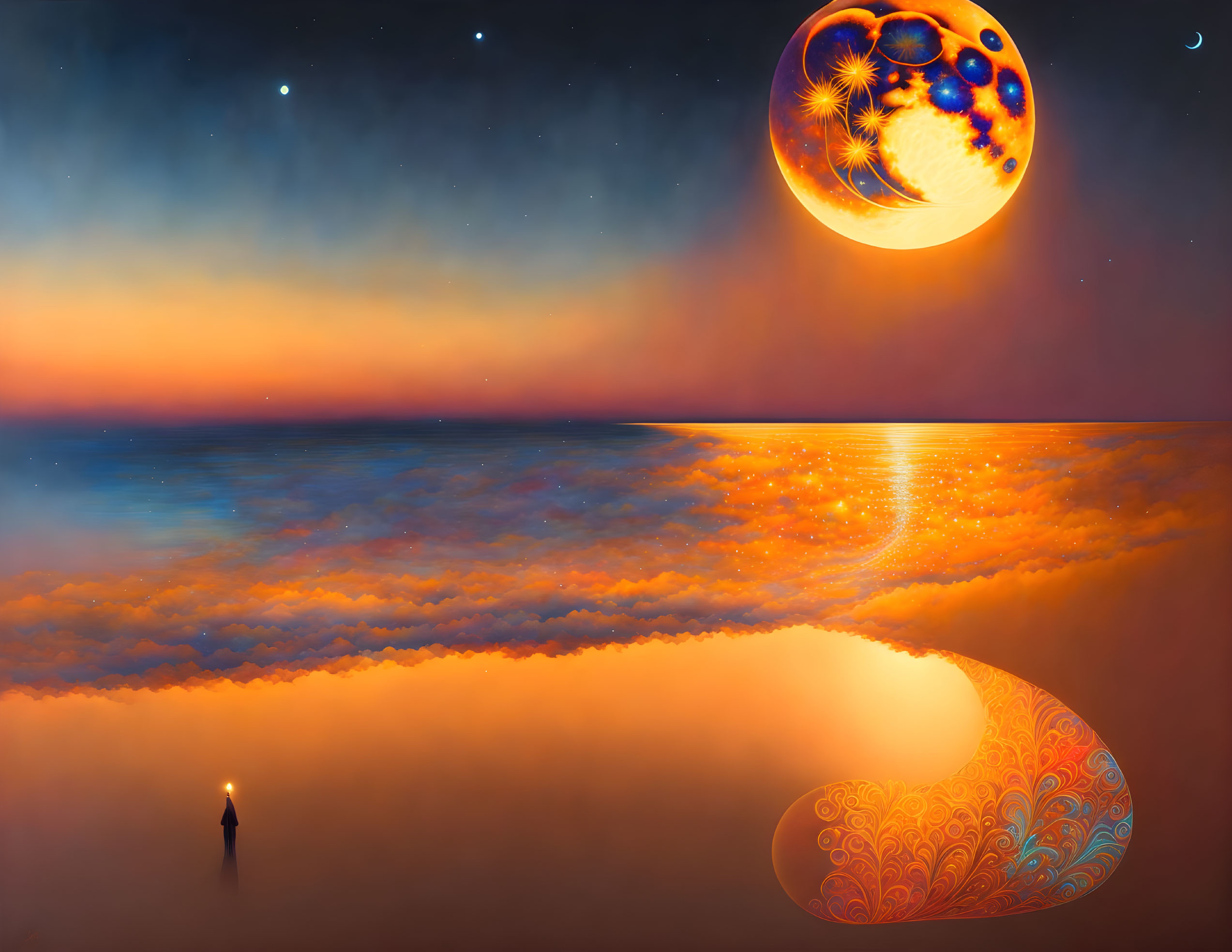 Surrealistic ocean scene with twilight sky, person on shore, ornate moon, stars,