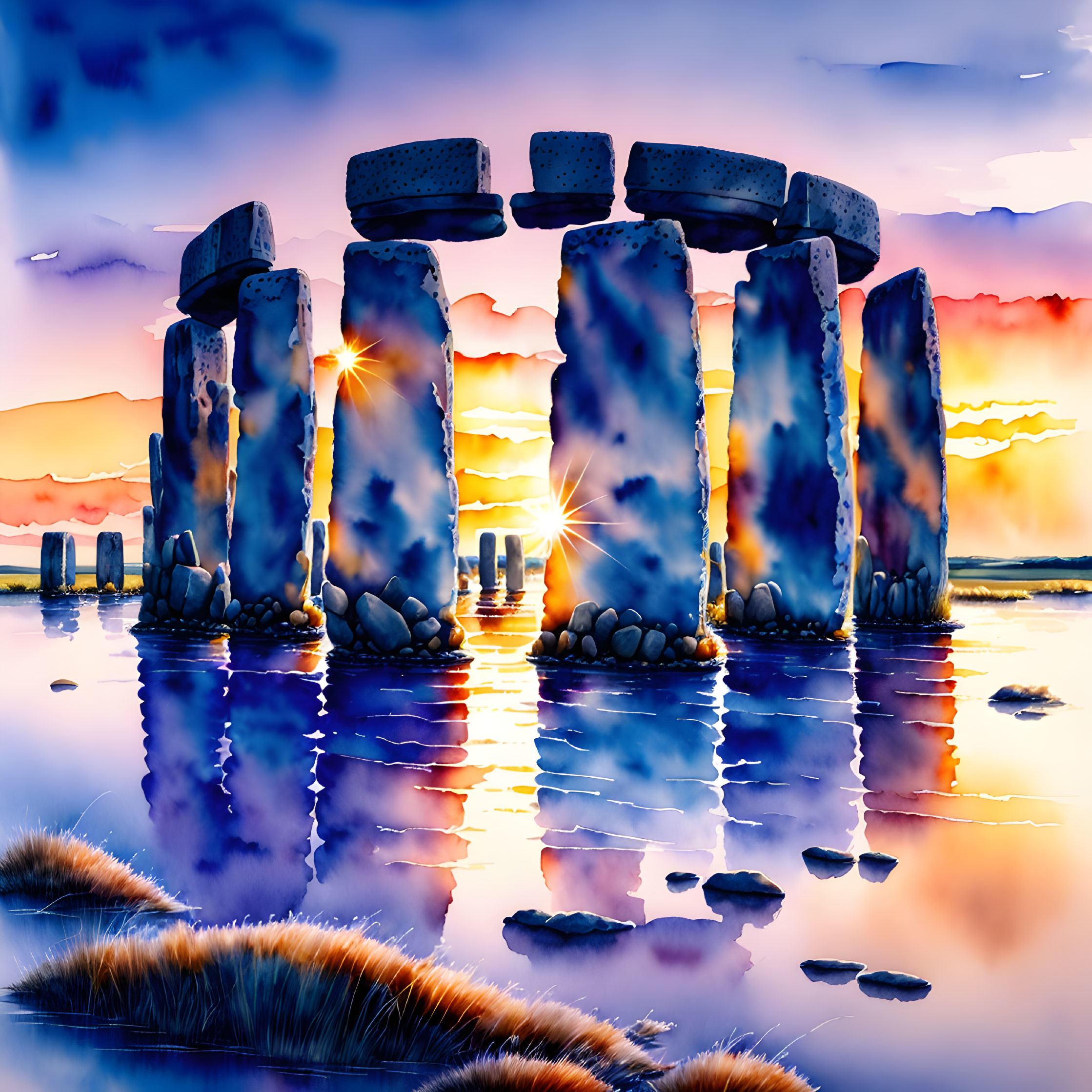 Stonehenge illustration: dramatic sunset sky and water reflection