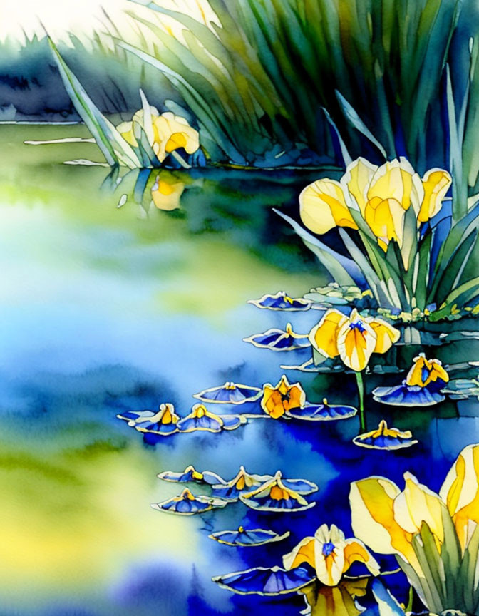 Detailed Watercolor Painting of Yellow Iris Flowers and Lily Pads in Serene Pond