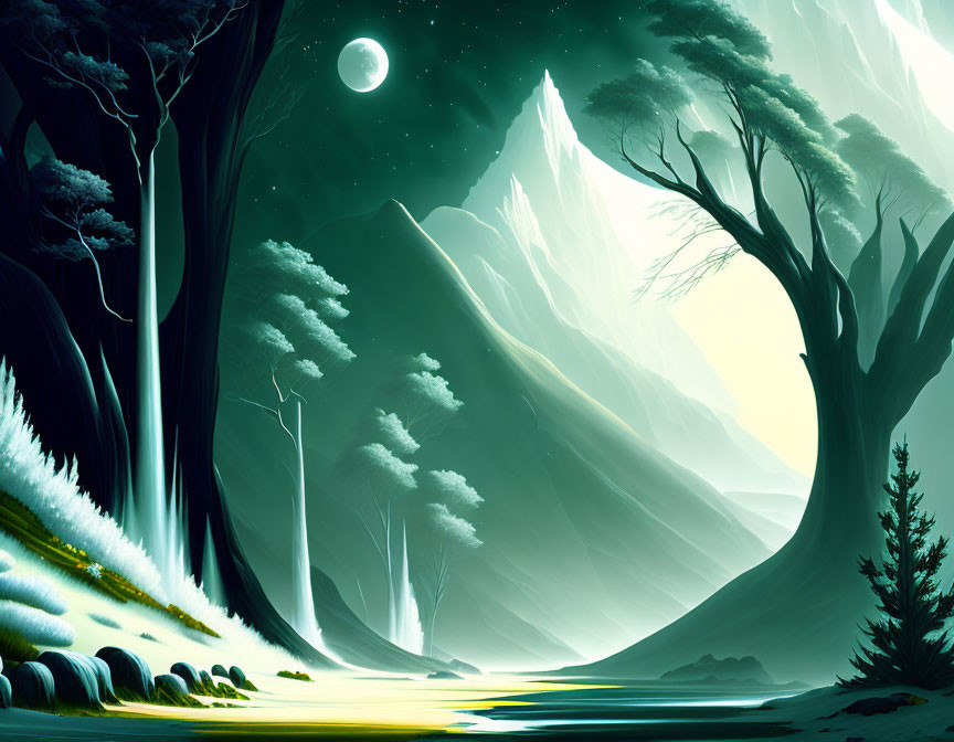 Ethereal night landscape: towering mountains, luminous moon, serene forest