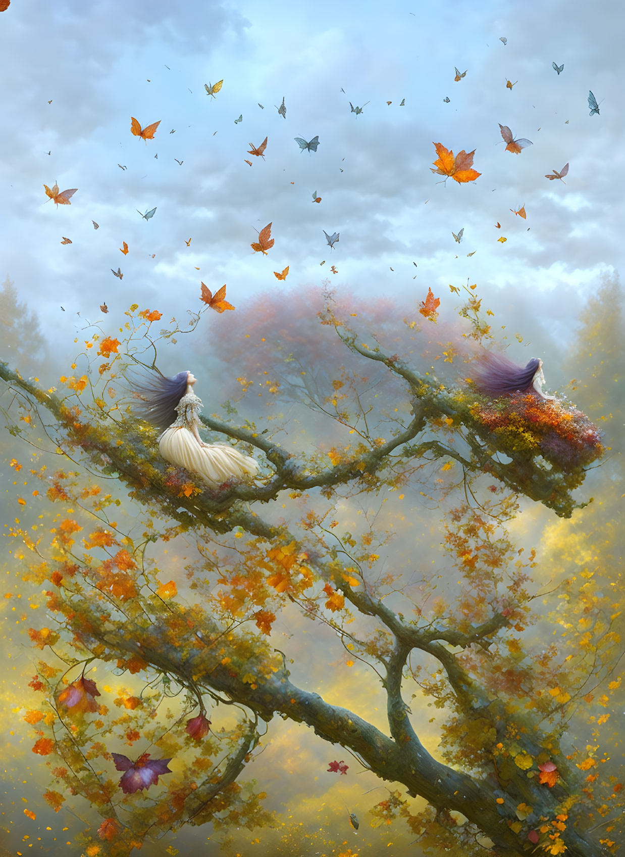 Colorful Leaves and Birds on Branch in Whimsical Scene