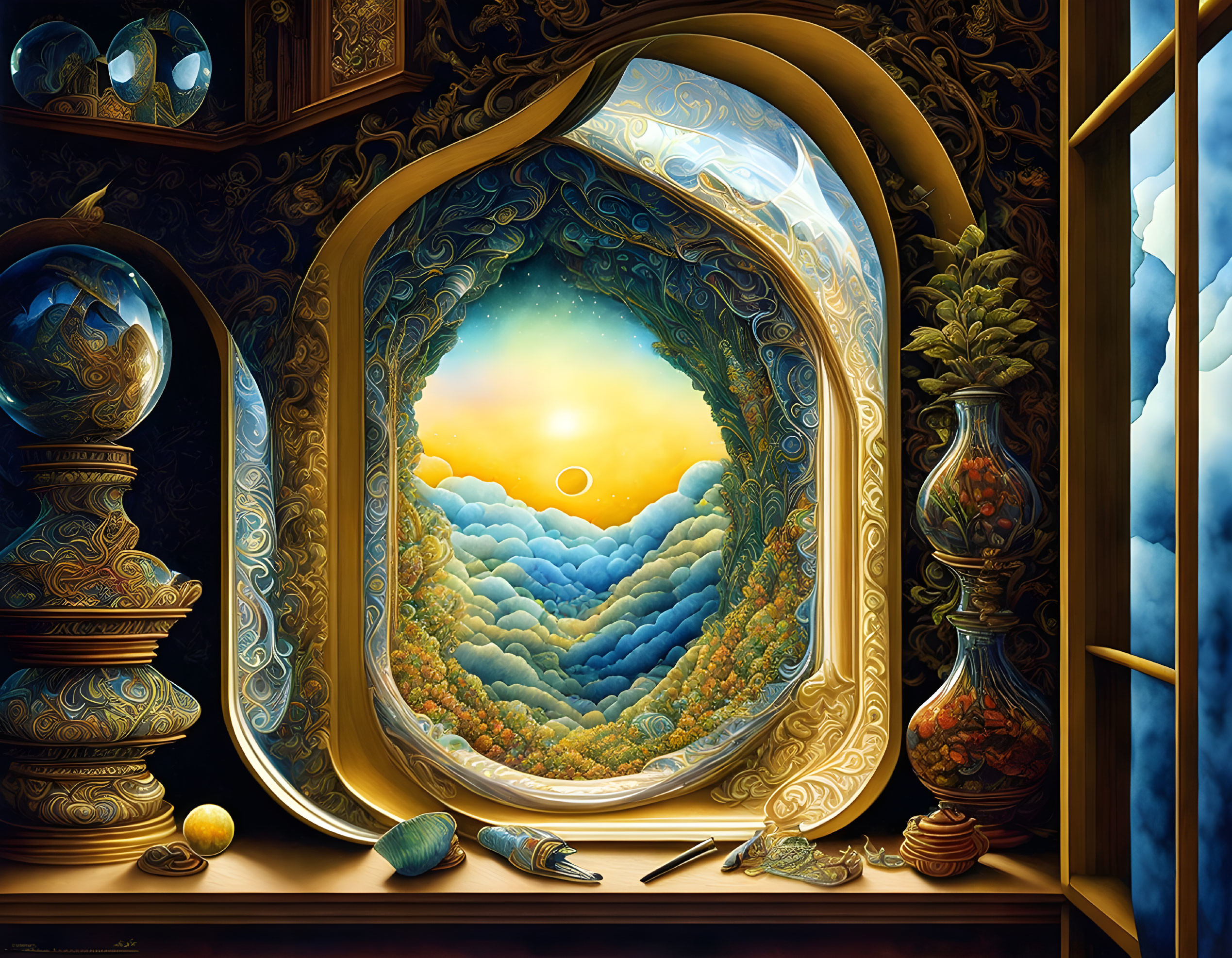 Fantasy Landscape Through Ornate Window with Detailed Artifacts