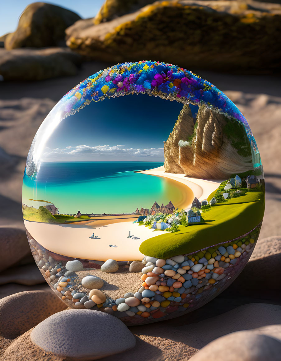 Colorful Flora Reflected in Glossy Sphere on Serene Beach