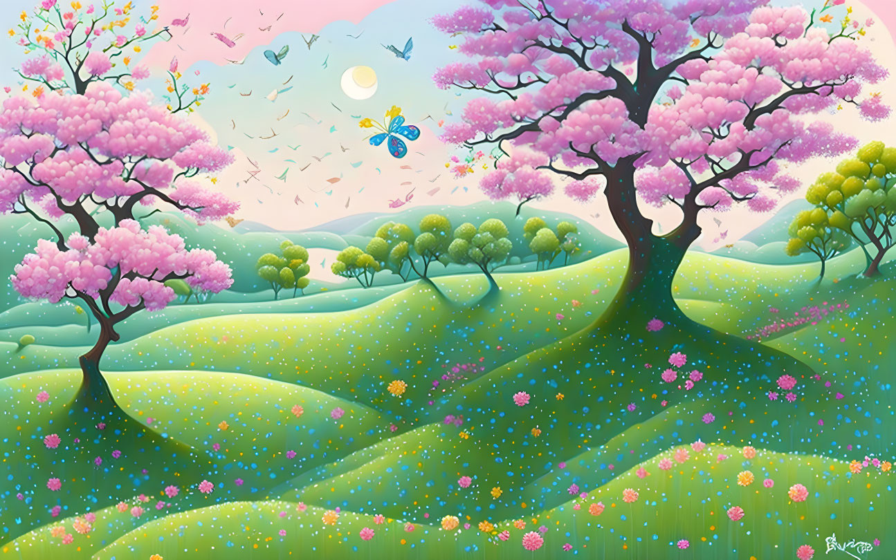 Colorful landscape with pink trees, green hills, and pastel sky