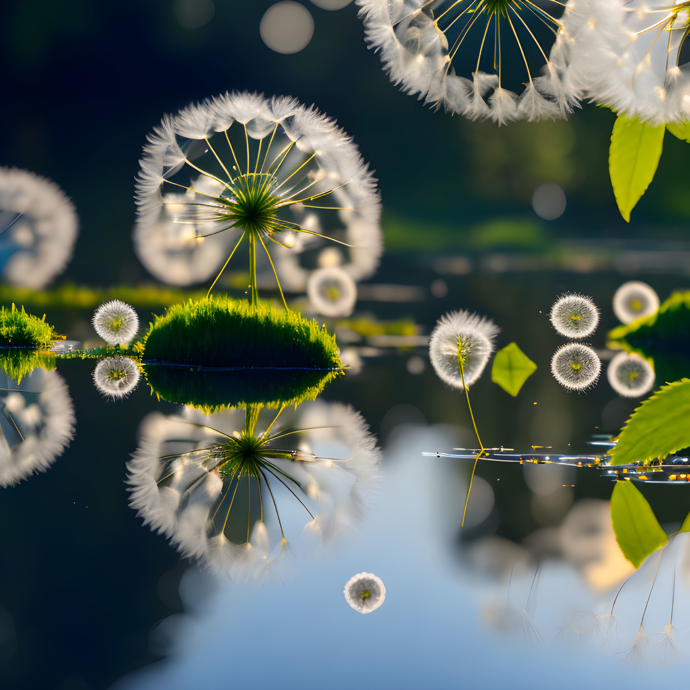 Dandelion seeds and reflections on serene water with green foliage