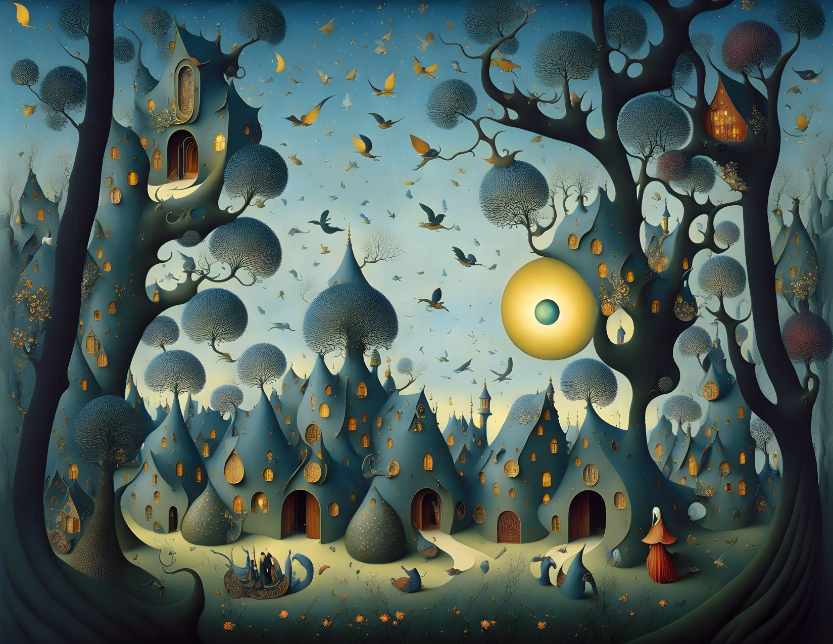 Whimsical night scene with moon, trees, birds, and mushroom-shaped dwellings