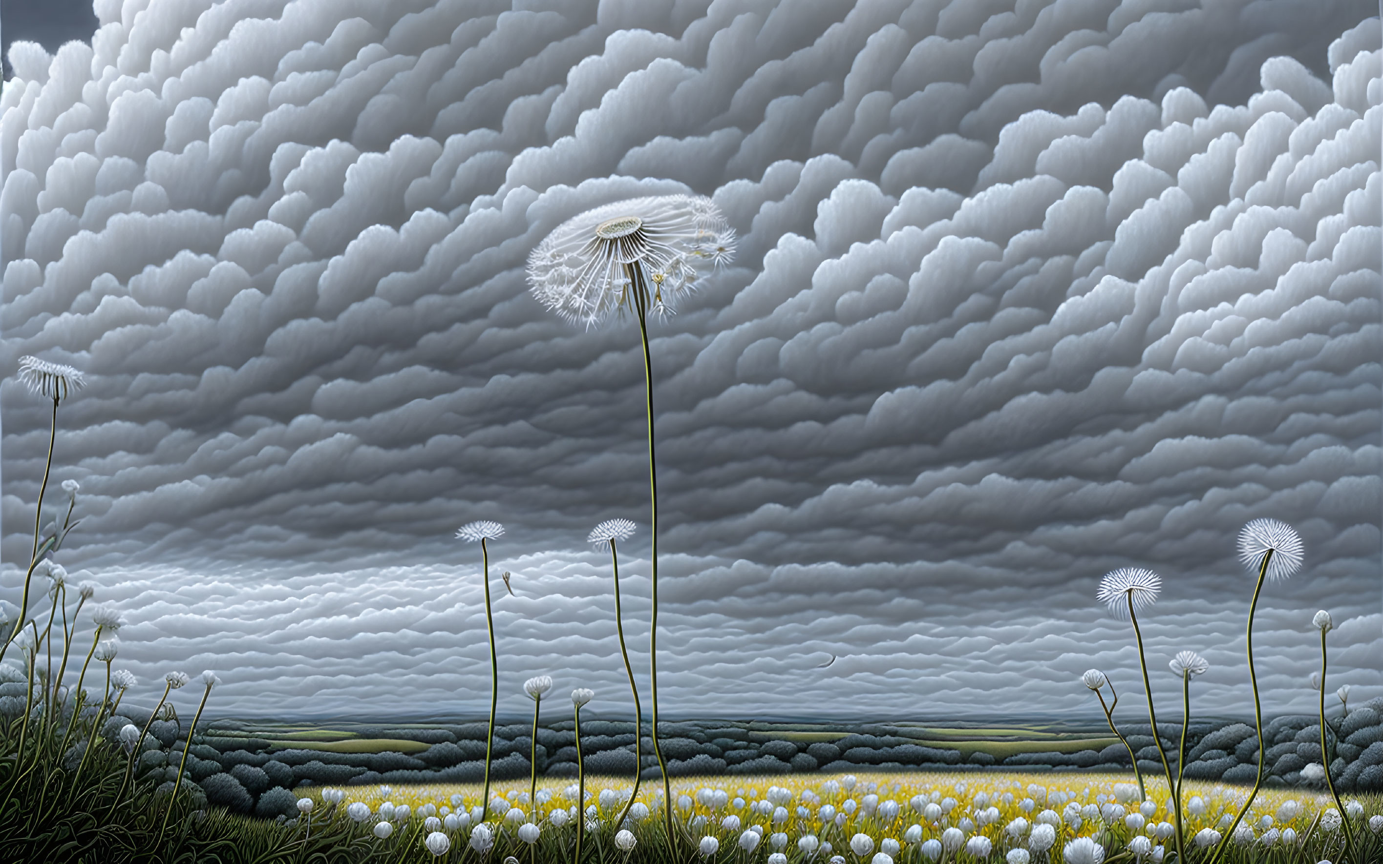 Surreal landscape: dandelion field under dramatic sky