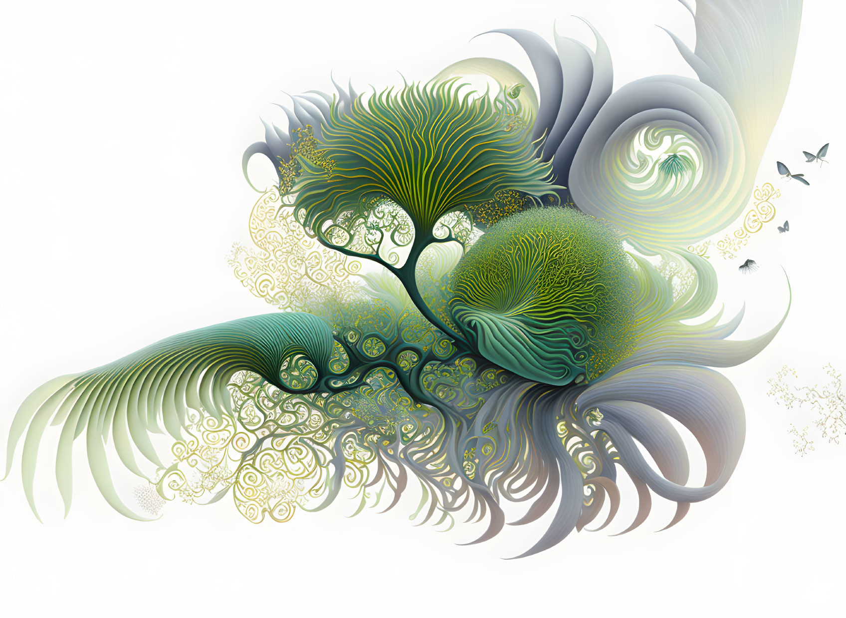 Organic green and white swirls with tree-like forms and butterflies