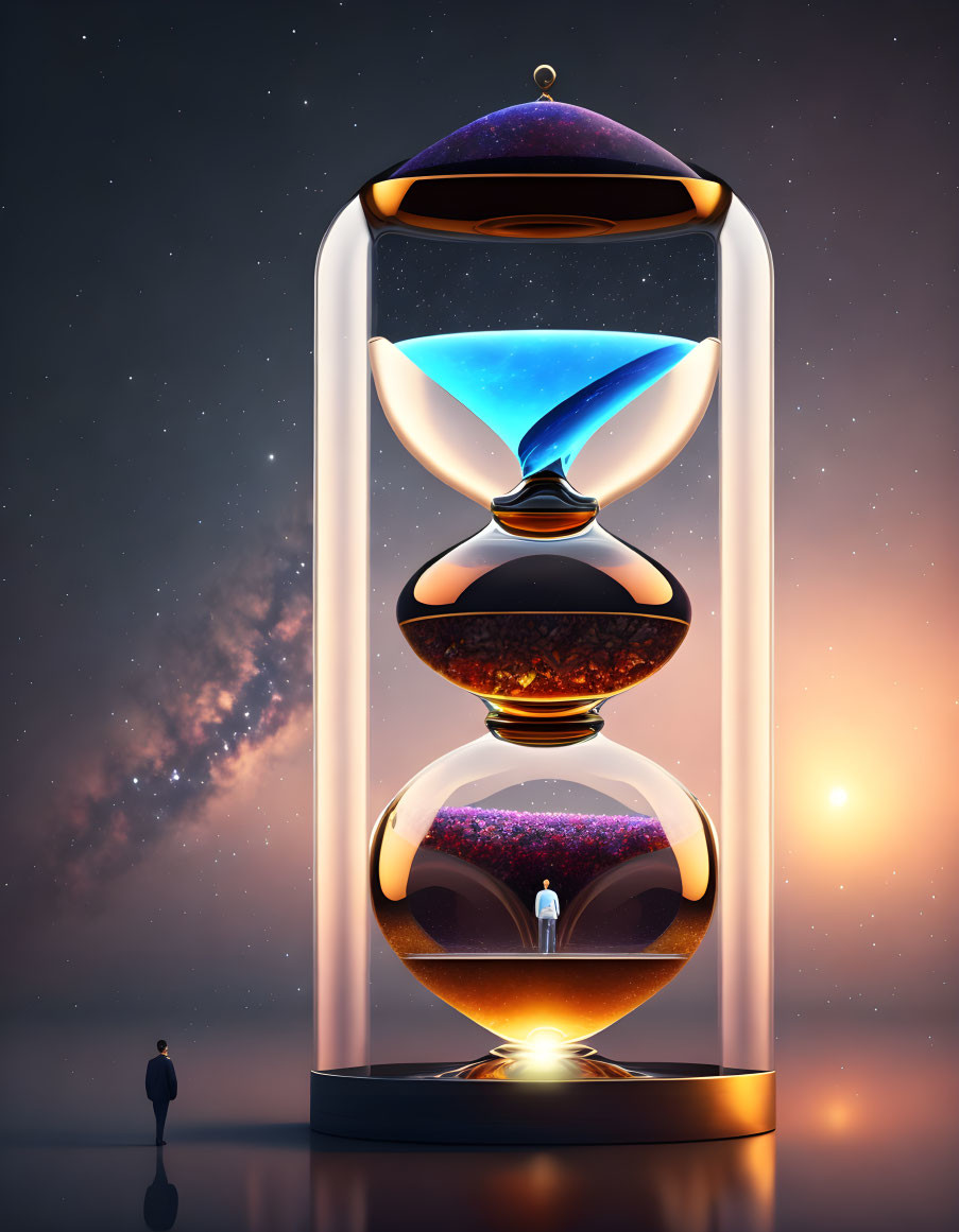 Surreal oversized hourglass with cosmic sand and tiny human figure beneath starlit sky