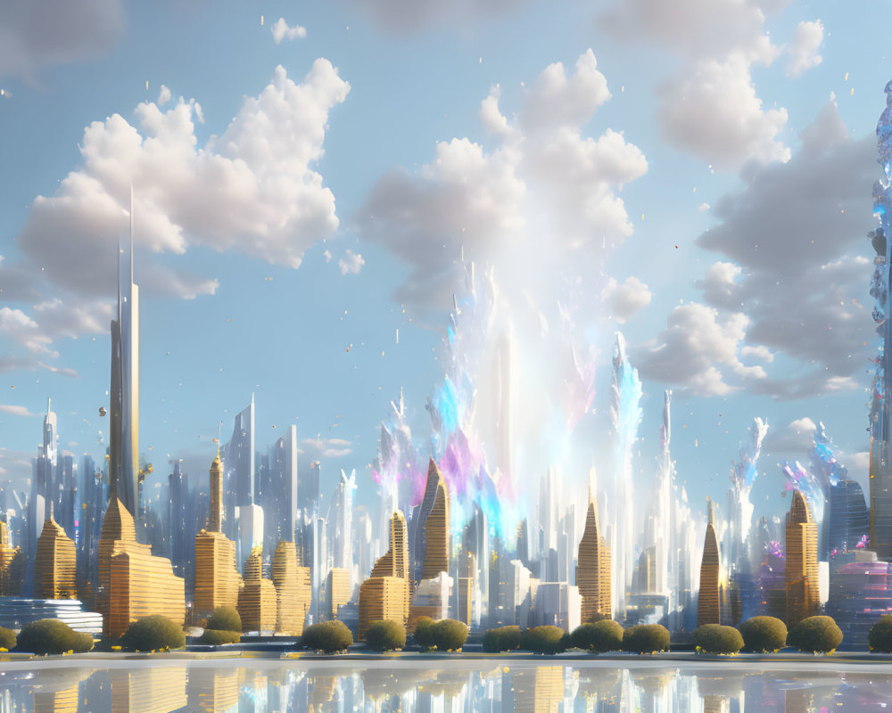 Golden-lit futuristic cityscape with colorful energy beams under billowing clouds