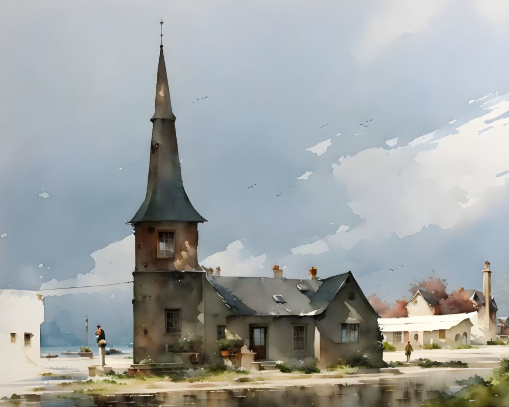 Tranquil watercolor painting of village church spire by the lake