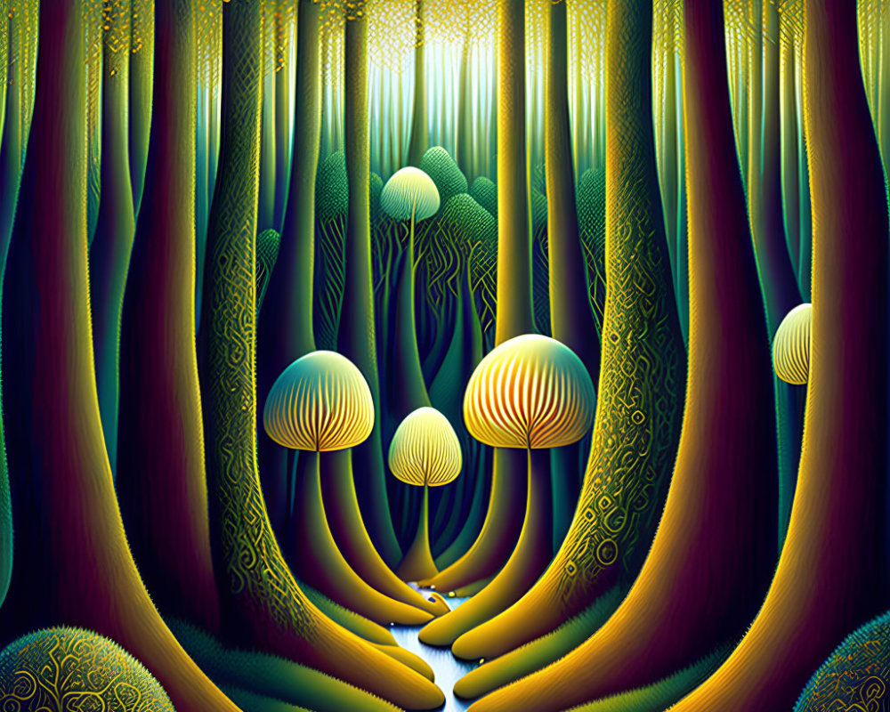 Stylized forest with tall trees and luminous mushrooms in neon-lit setting