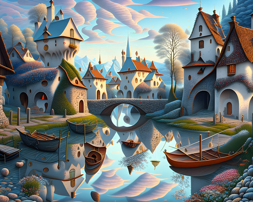 Whimsical village with storybook houses on riverbank