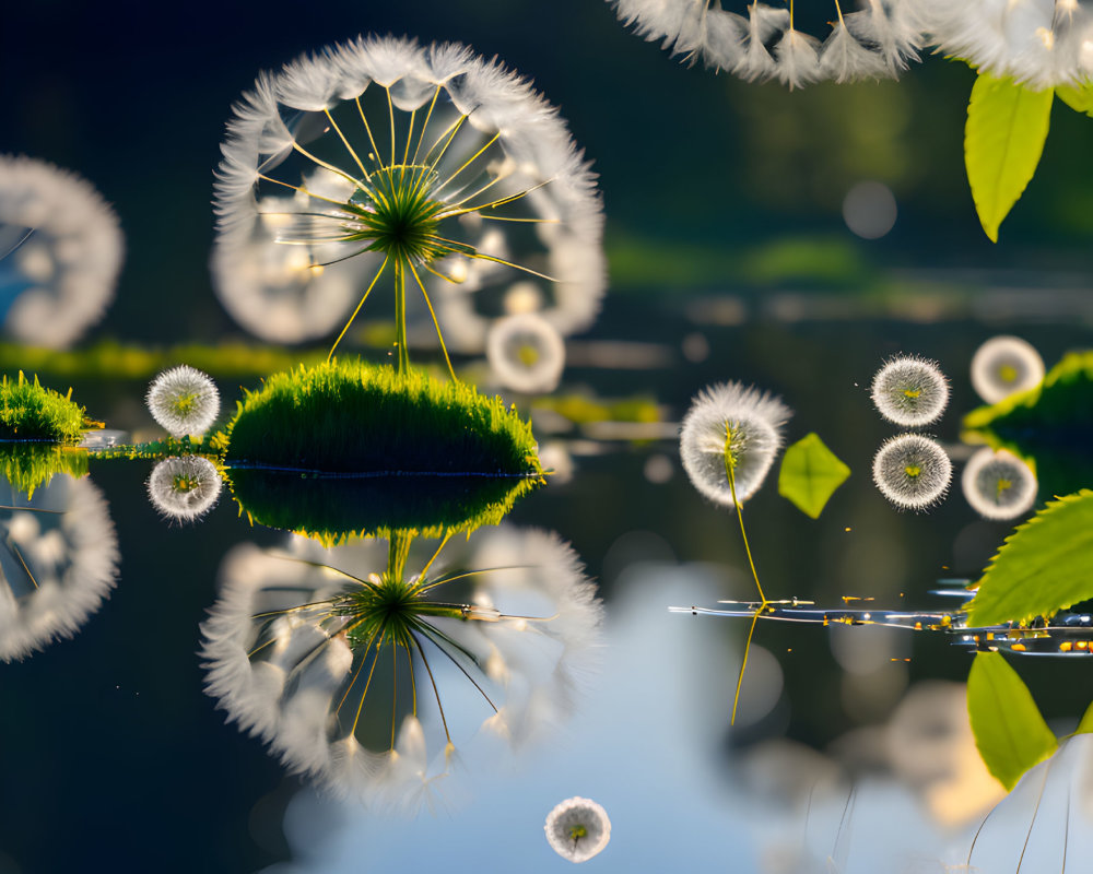 Dandelion seeds and reflections on serene water with green foliage