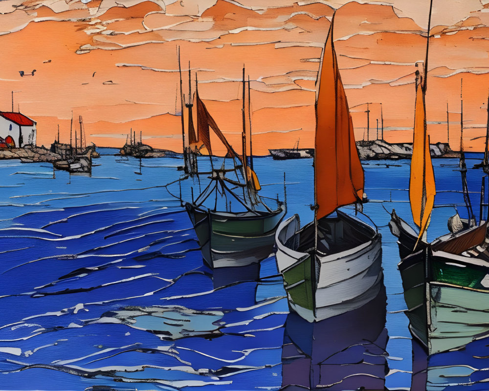 Vibrant sailboats painting on blue sea with sunset sky and coastal buildings