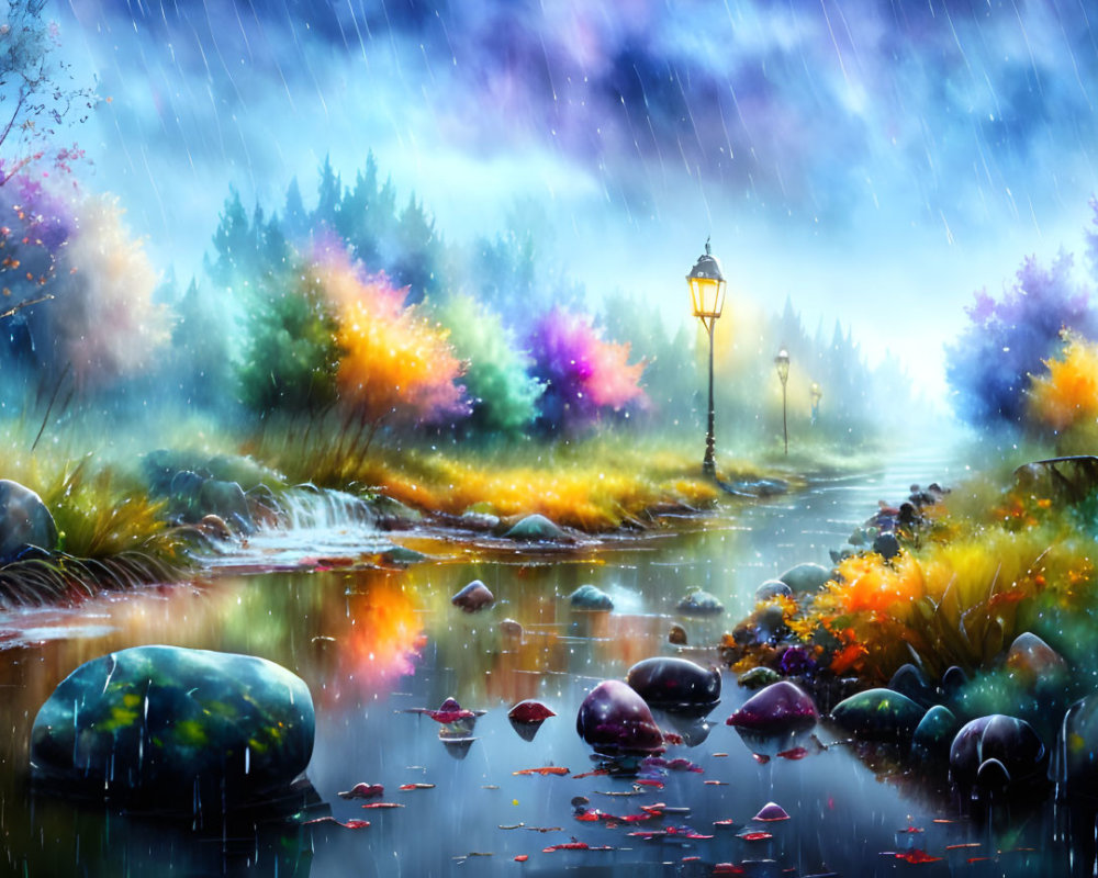 Colorful Landscape Painting: Rainy Scene with Streetlamp, River, and Foliage