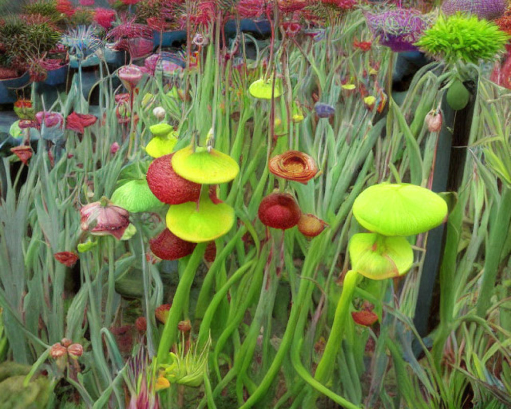 Colorful pitcher plants in vibrant greenhouse setting