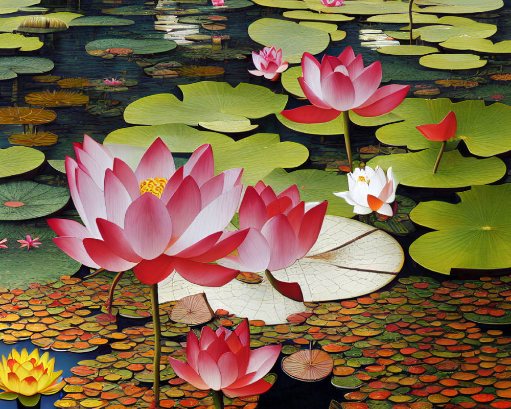 Colorful Lotus Flowers Blooming Over Serene Pond