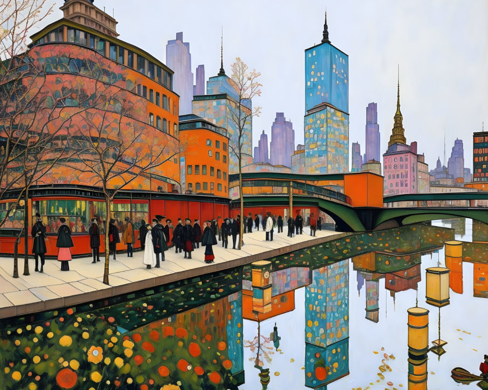 Colorful cityscape painting with people walking, water reflection, and stylized buildings.