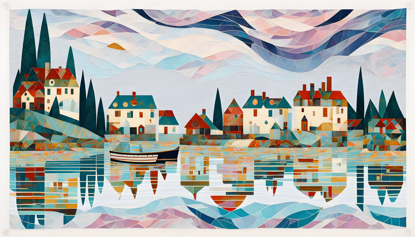 Geometric lakeside village artwork with colorful stylized design