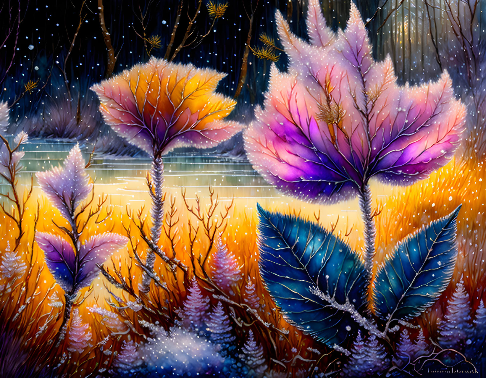 Vibrant fantasy landscape with leaf-shaped trees under starry sky and frozen lake