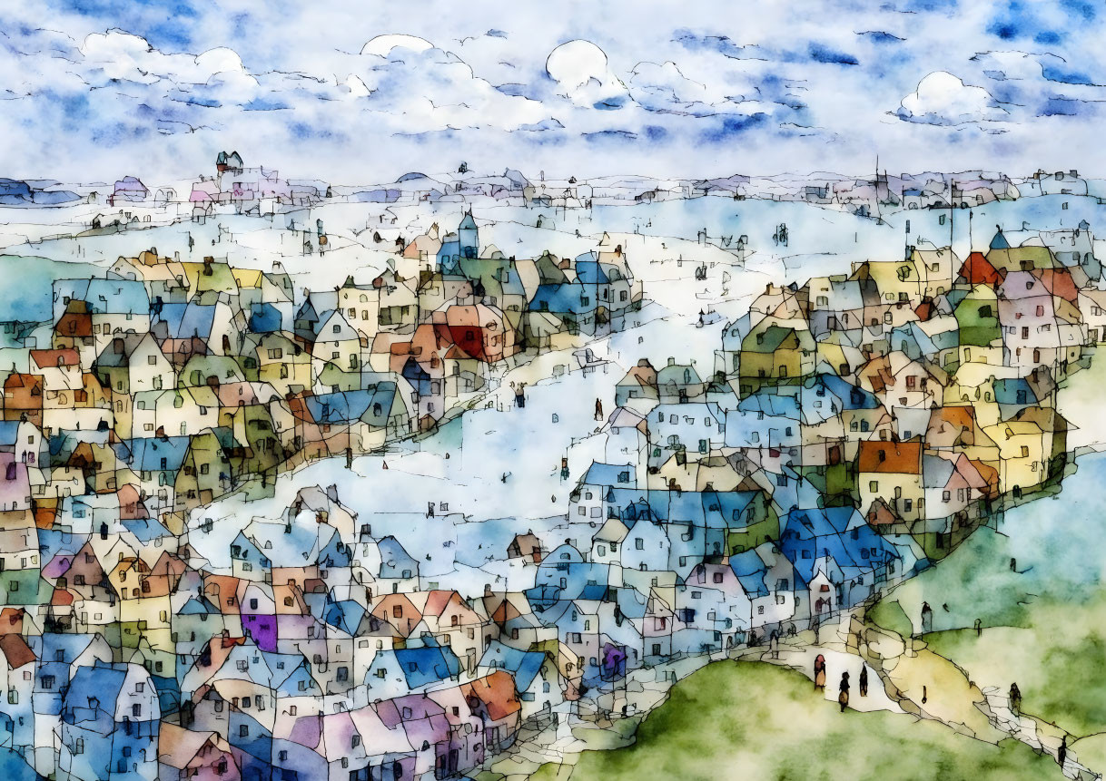 Colorful watercolor painting of a cheerful village under a blue sky