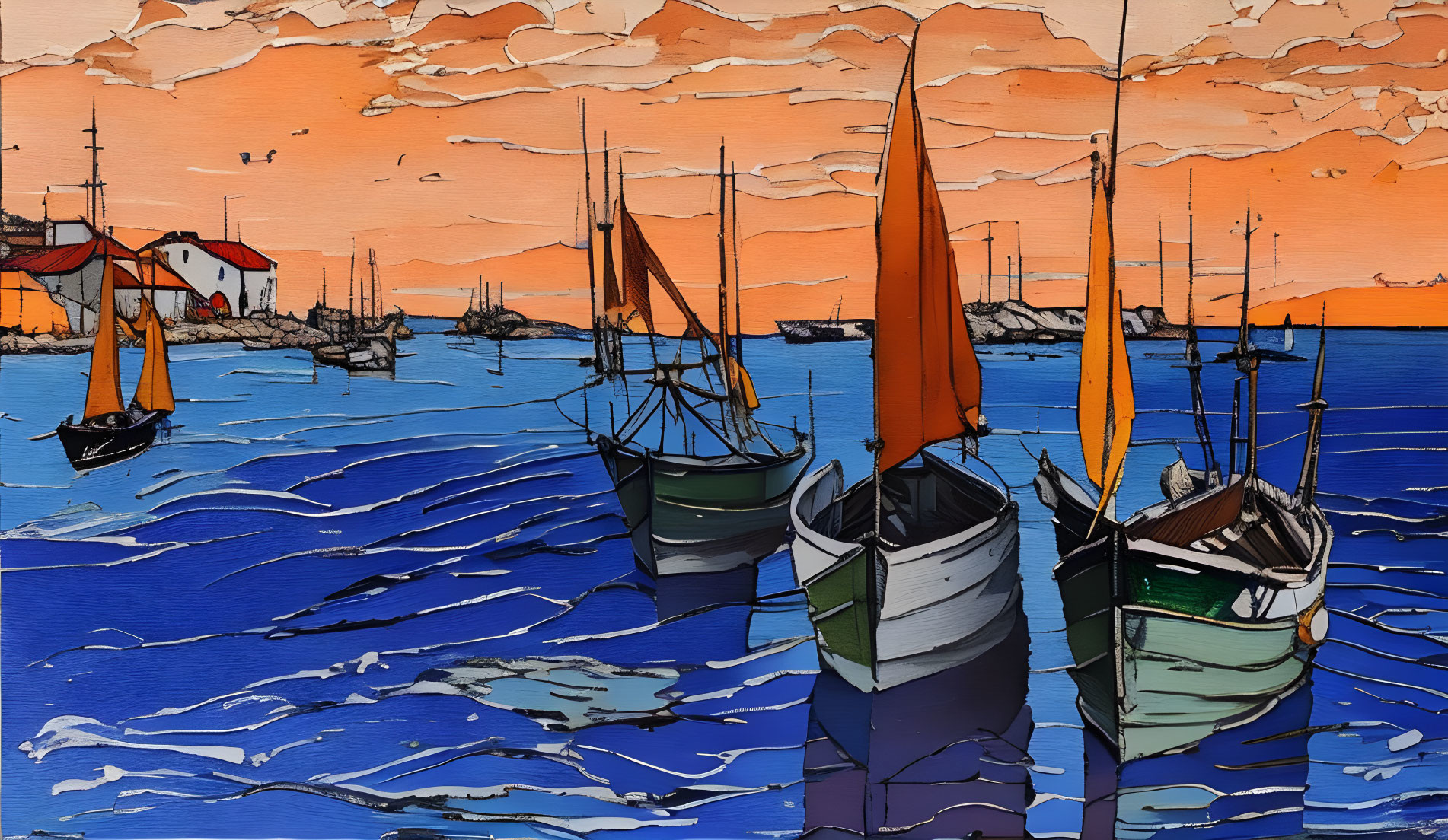 Vibrant sailboats painting on blue sea with sunset sky and coastal buildings