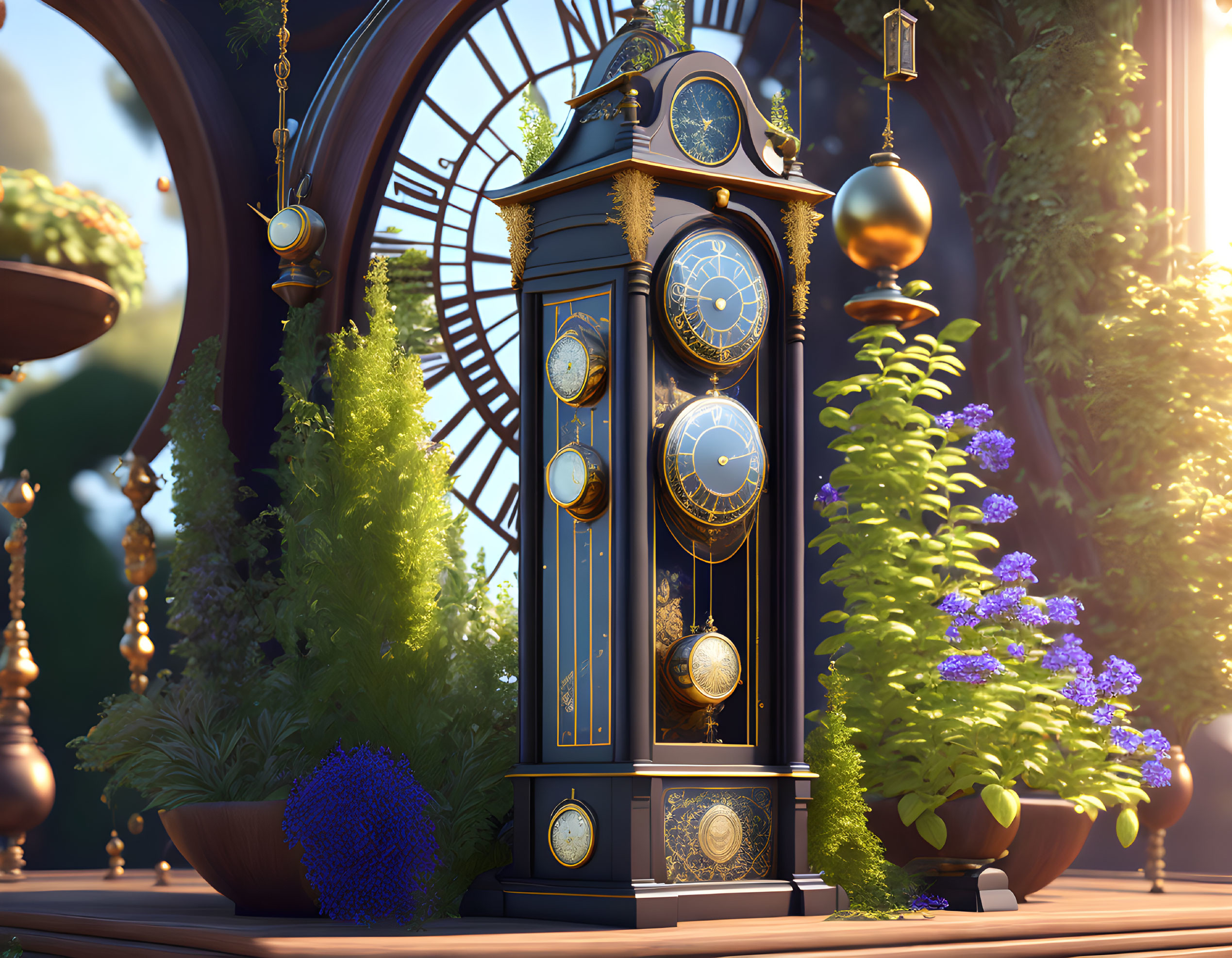 Luxurious Grand Clock in Fantastical Garden with Ornate Clock Face