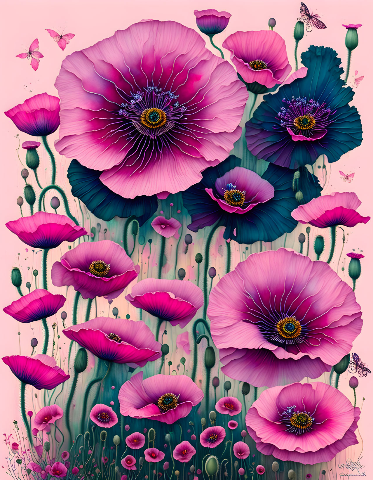 Colorful digital artwork: Oversized pink and purple poppies with butterflies on pastel pink.