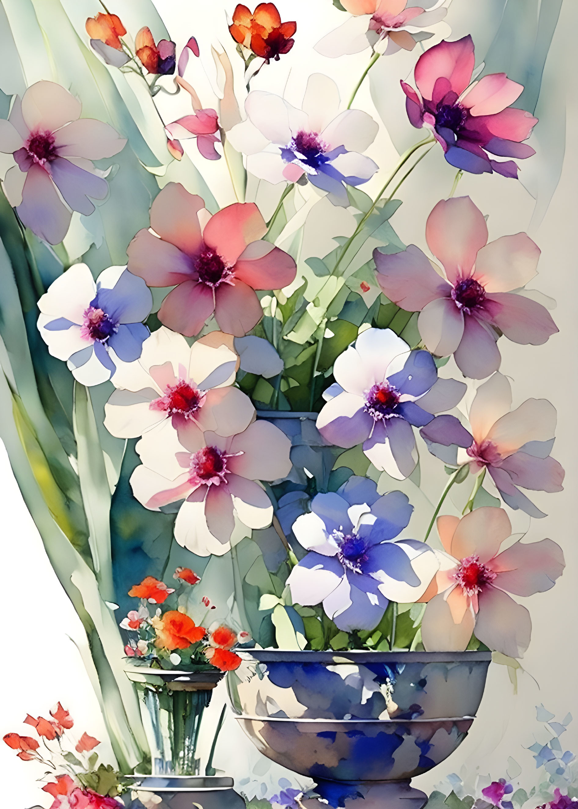 Colorful Watercolor Painting of Pink, Purple, and Blue Cosmos Flowers in a Bowl