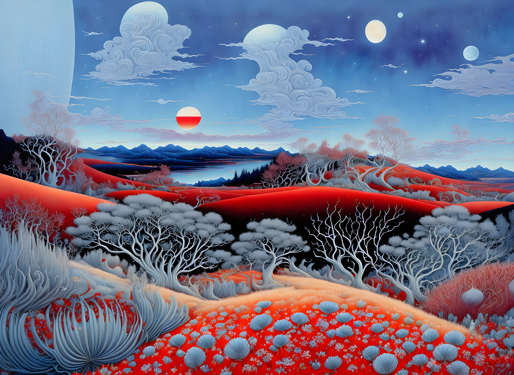 Surreal red foliage, white trees, multiple moons in blue sky