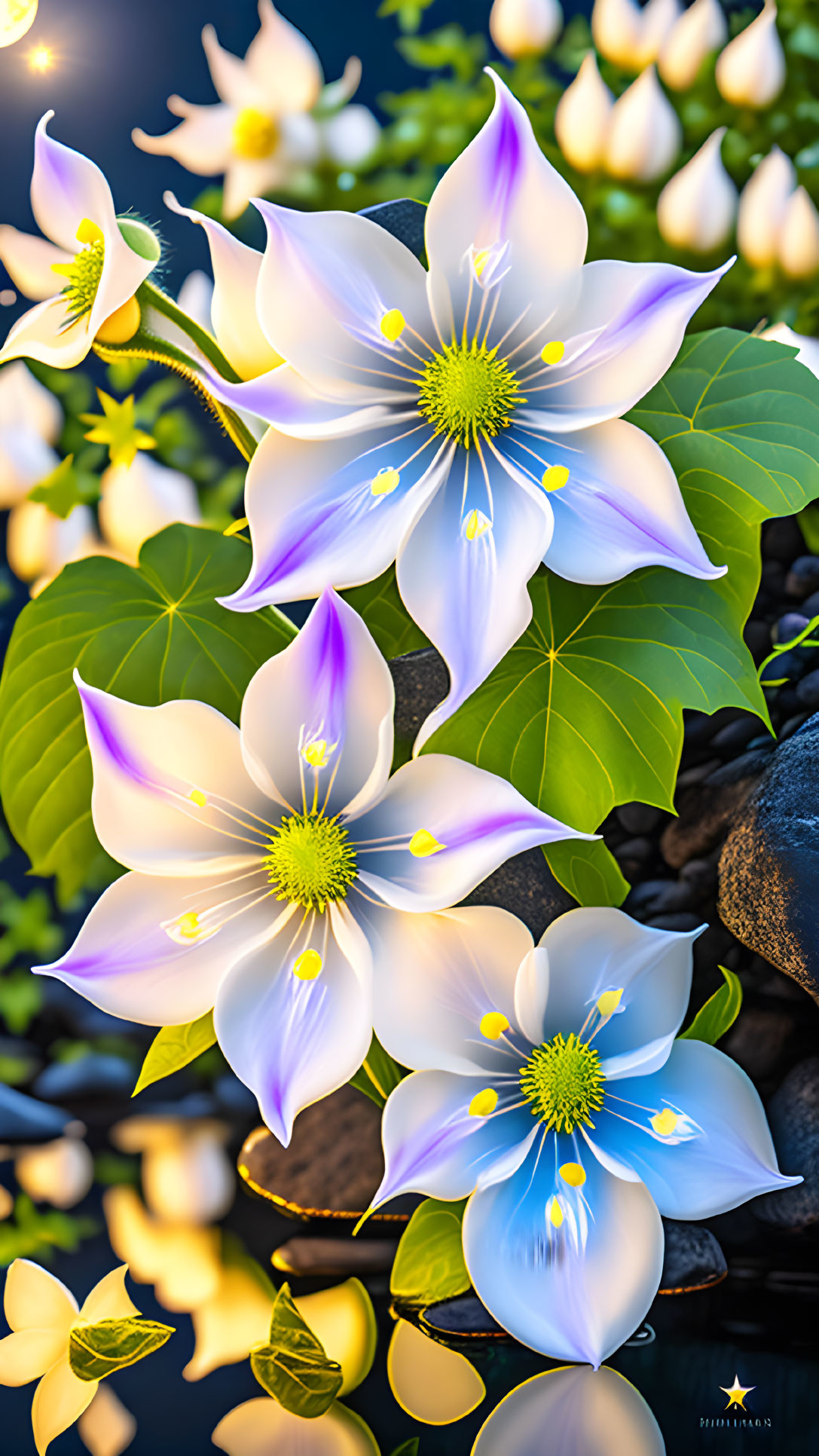 White and Purple Flowers Digital Artwork with Water Reflection