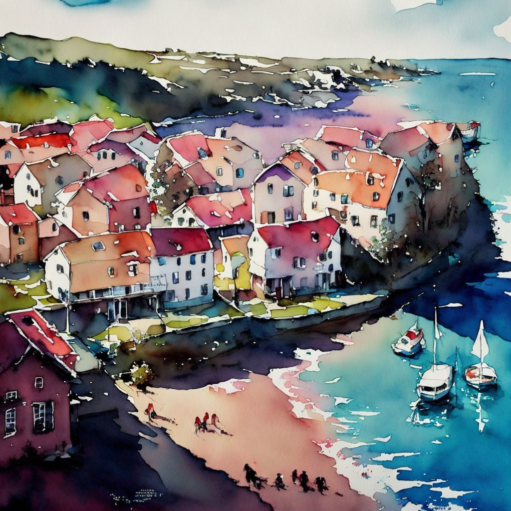 Coastal village watercolor painting with colorful houses, boats, and figures under vibrant sky