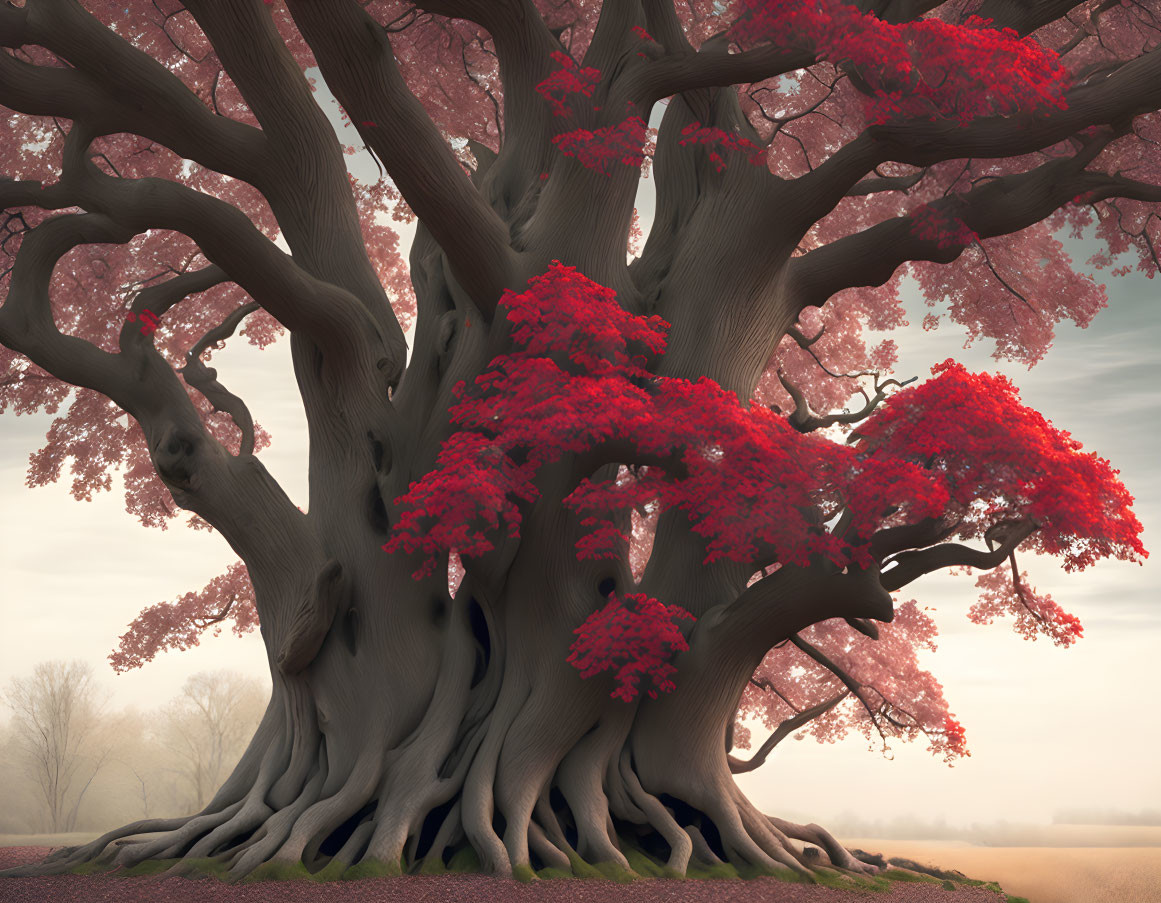 Majestic tree with thick trunk, red leaves, against foggy backdrop