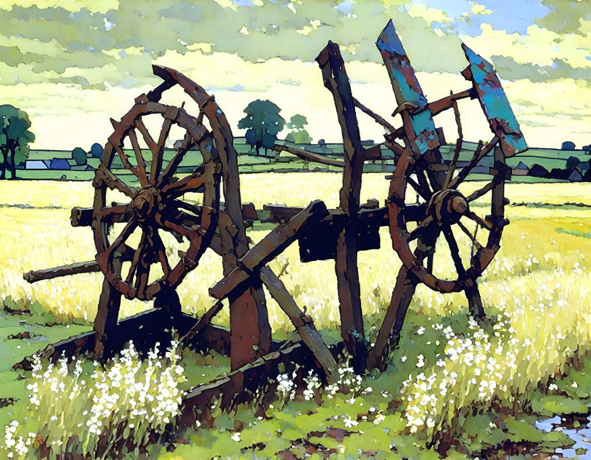 Vibrant countryside field with rustic wooden carts