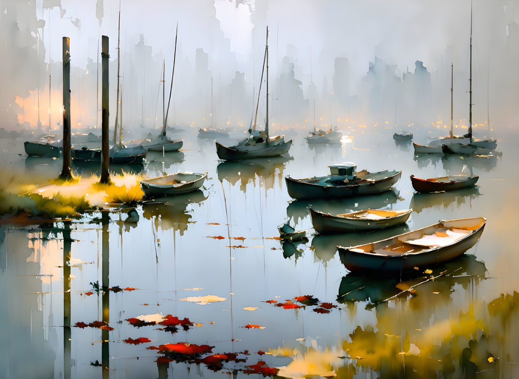 Boats on calm water with reflections and foggy cityscape