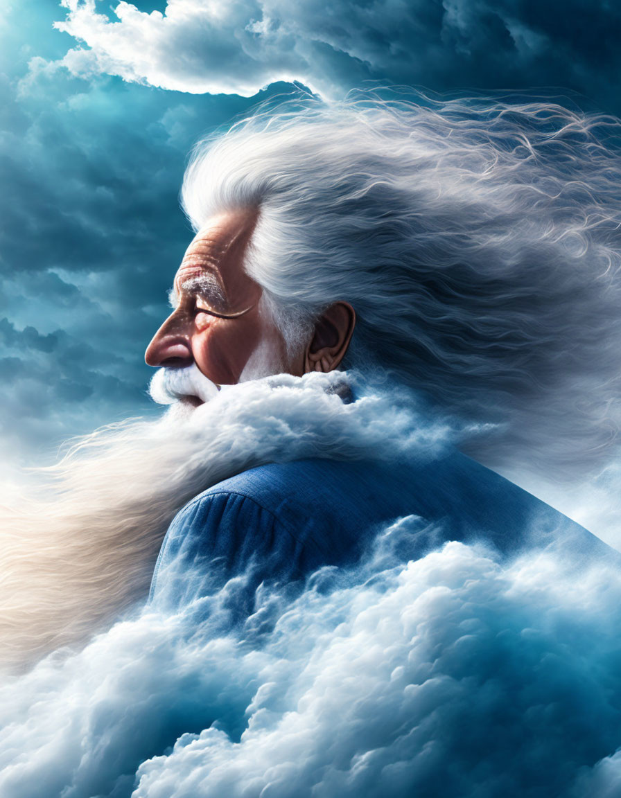 Elderly man with white hair and beard blending with clouds in blue sky