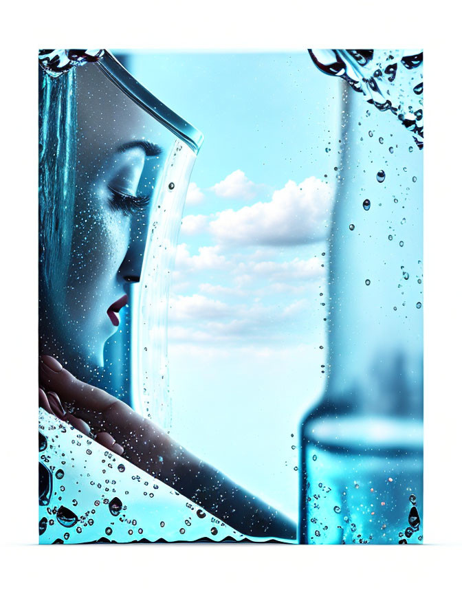 Surreal woman profile merged with water and bubbles on sky backdrop.