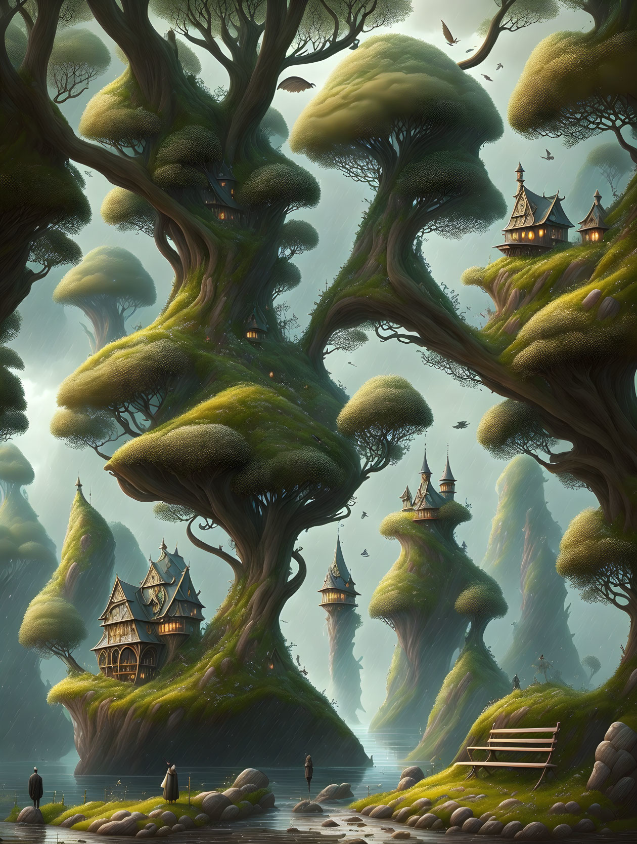 Gigantic Ancient Trees and Asian-Inspired Houses in Mystical Forest