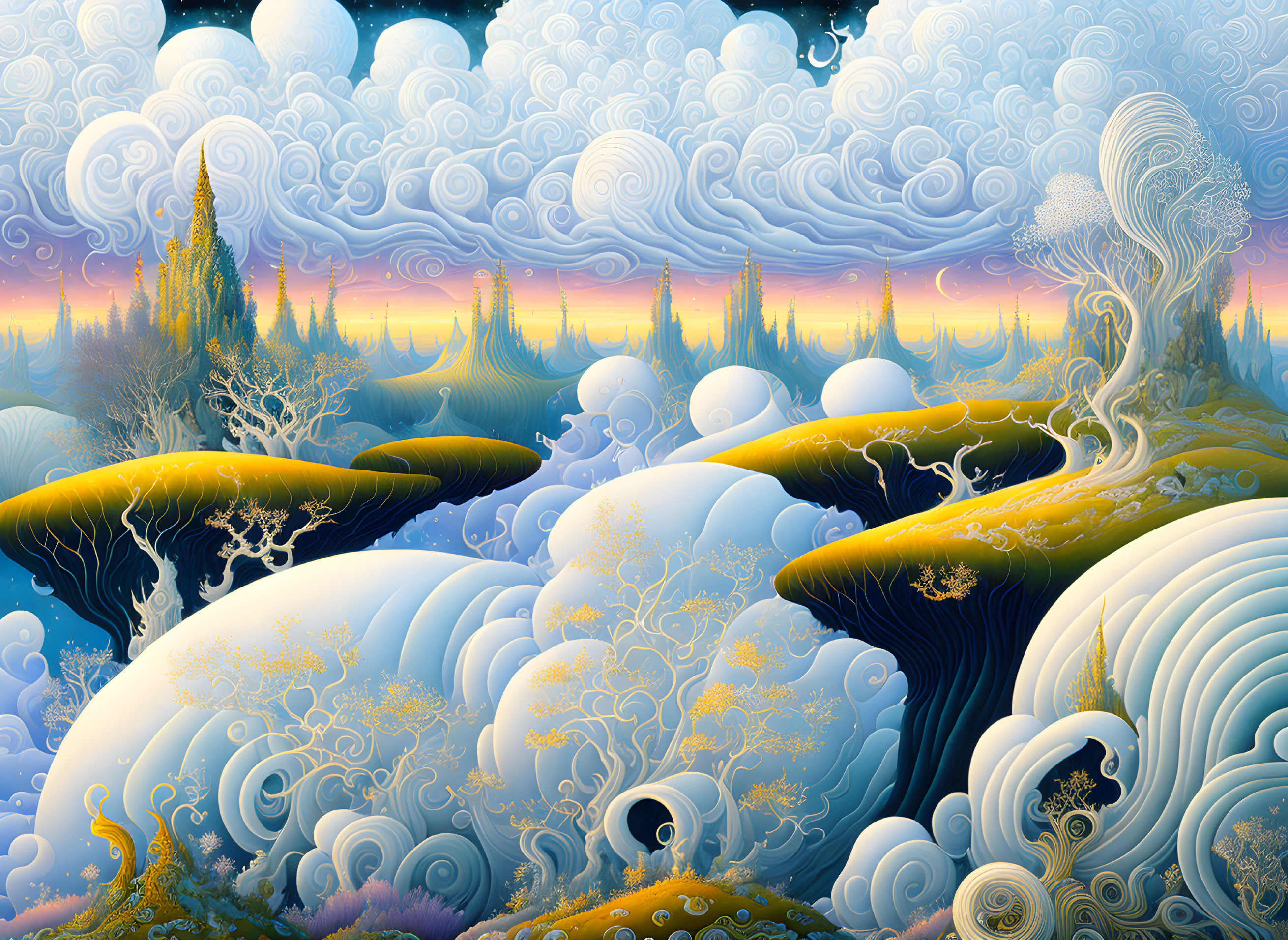 Surreal landscape with wave-like hills under swirling autumnal sky