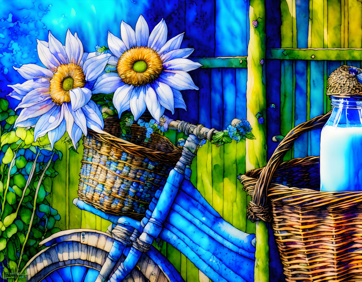 Colorful digital art: Blue bicycle with sunflowers in wicker basket on wooden background with milk bottle