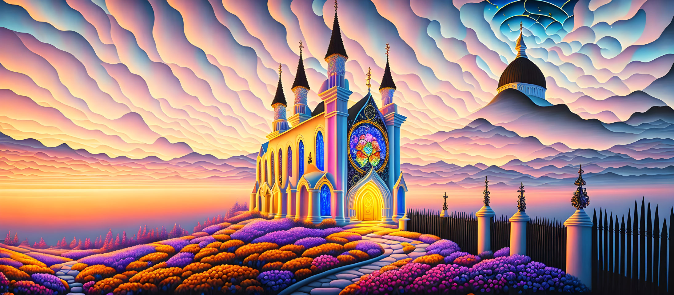 Colorful surreal artwork: cathedral, purple hills, wave-like clouds